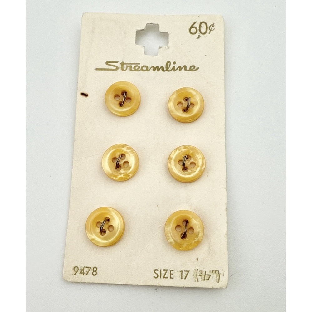 6 Vintage Streamline Yellow Buttons on Original Card 3/7" size 17 Made in‎ USA